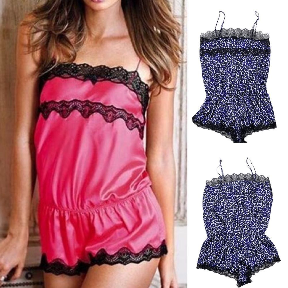 ☀️SALE☀️ VICTORIA’S SECRET Purple Leopard Print Satin Lace Romper Size: Small
